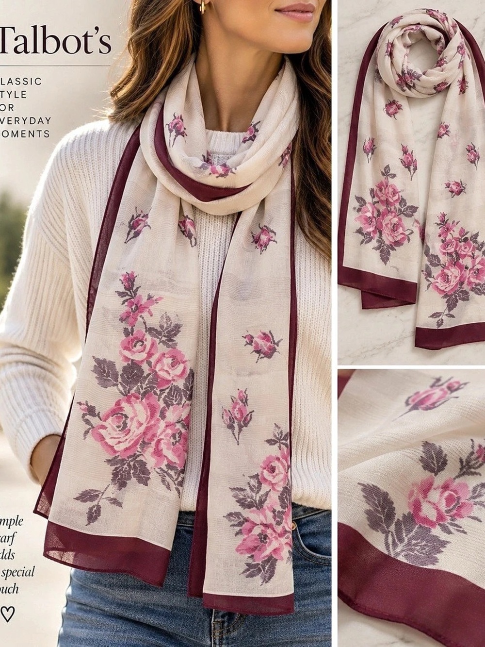 Talbots Pink and Burgundy Floral Scarf